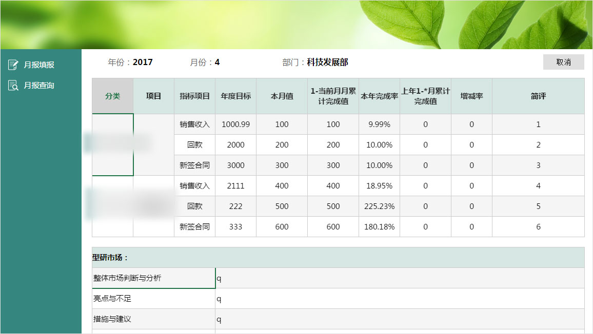 填报数据界面