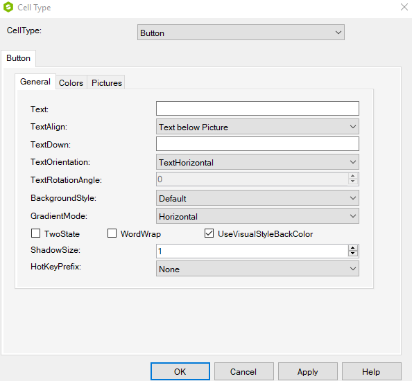 Spread Designer Cell Type Dialog Button Tab