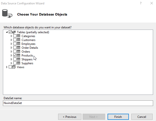 Choosing database objects in Data Source Configuration wizard