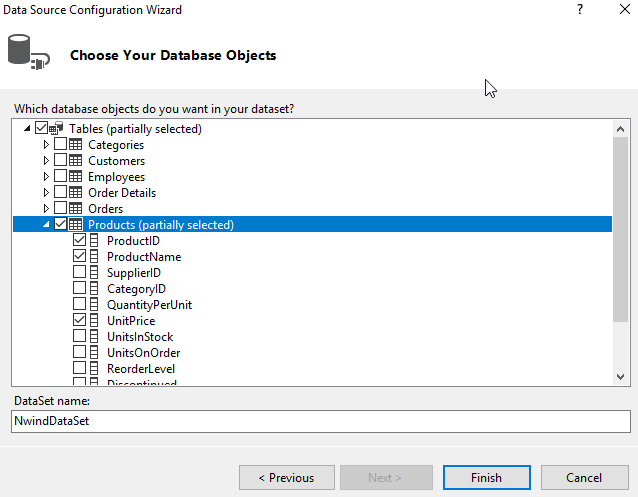 Selecting required database objects in Data Source Configuration wizard