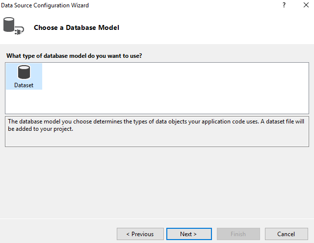 Selecting Dataset option in Data Source Configuration wizard