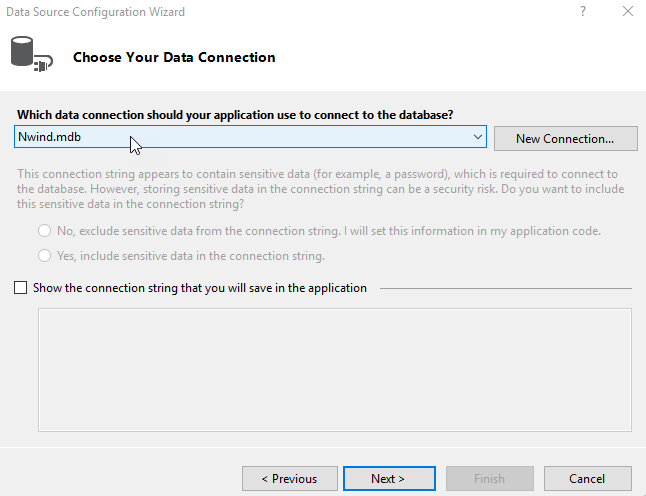 selecting database file in Data Source Configuration wizard