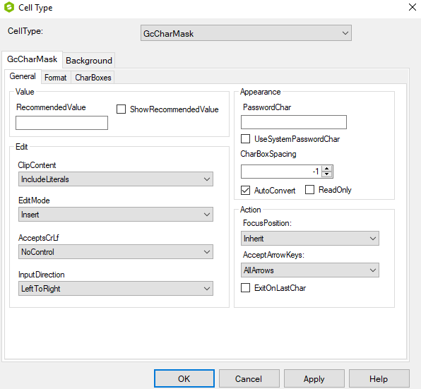 Spread Designer Cell Type Dialog Text Tab