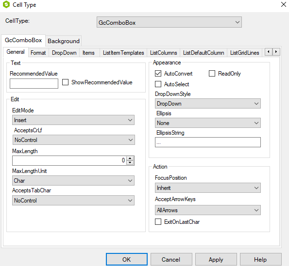 Spread Designer Cell Type Dialog Text Tab