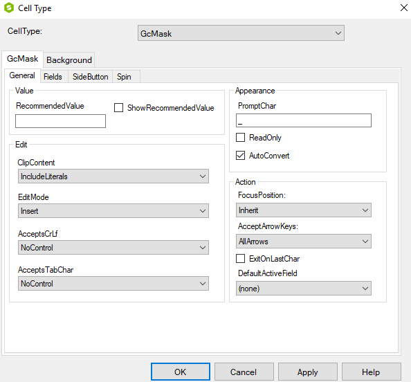 Spread Designer Cell Type Dialog Text Tab