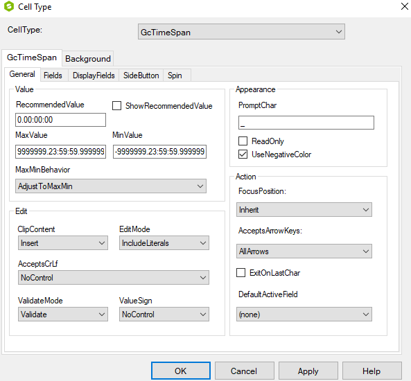 Spread Designer Cell Type Dialog Text Tab