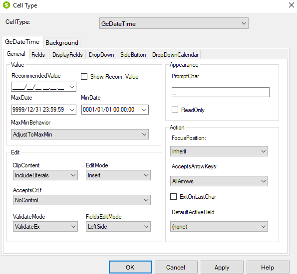 Spread Designer Cell Type Dialog Text Tab