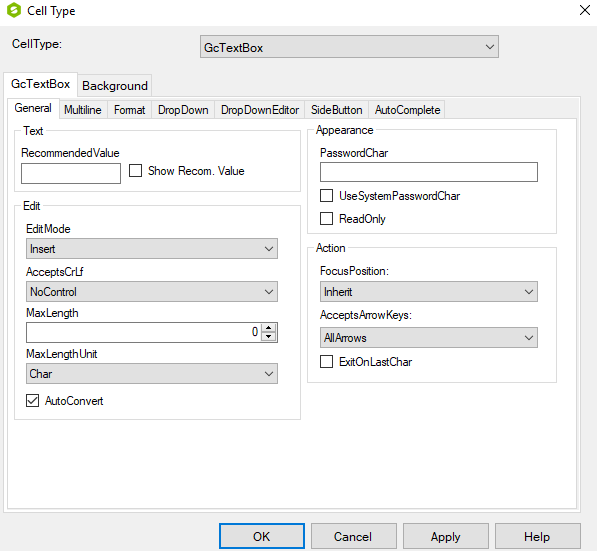 Spread Designer Cell Type Dialog Text Tab