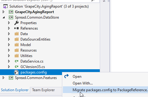 Context menu for packages.config
