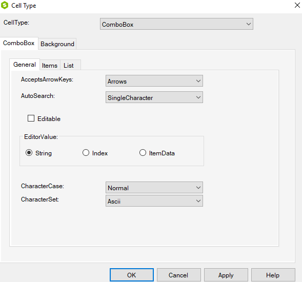 Spread Designer Cell Type Dialog Combo Box Tab