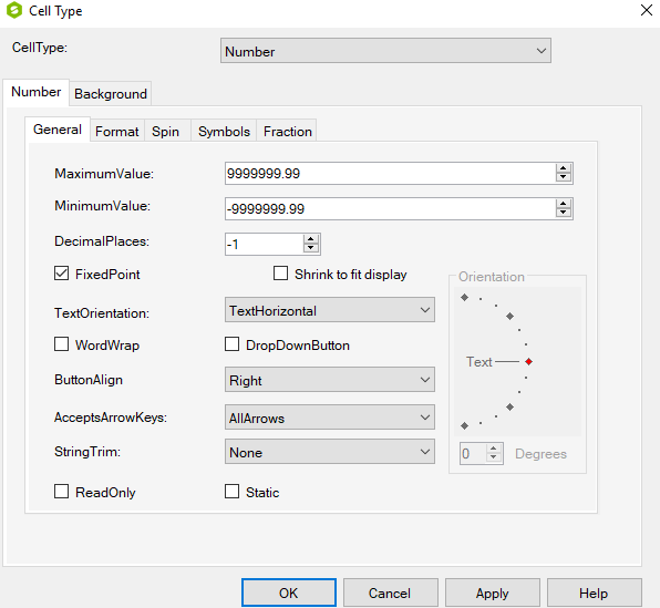 Spread Designer Cell Type Dialog Number Tab
