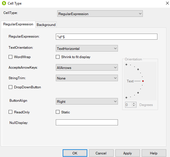 Spread Designer Cell Type Dialog Regular Expression Tab