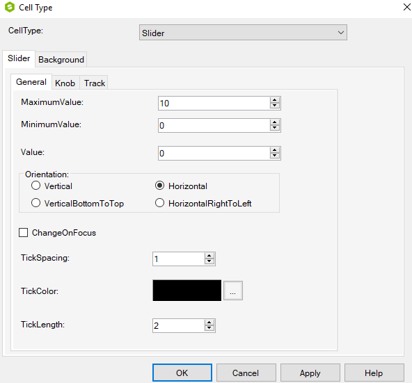 Spread Designer Cell Type Dialog Slider Tab