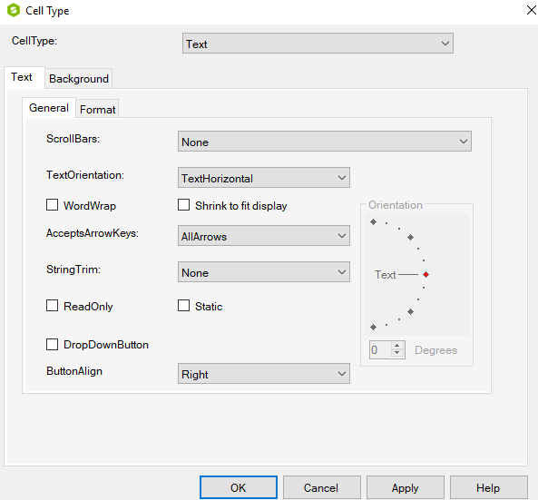 Spread Designer Cell Type Dialog Text Tab