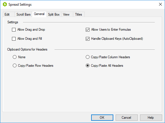 Spread Designer Spread Settings Dialog