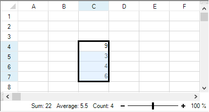 Status bar displaying the sum, average, count, and zoom slider for the selected cells in the spreadsheet