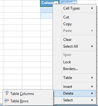 Table Context Menu for deleting table rows or columns