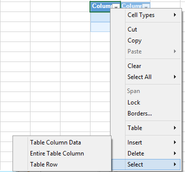 Table Context menu for selecting table column data, entire table column, and table row