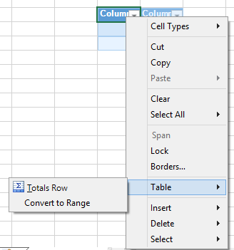 Table Context Menu for adding a totals row