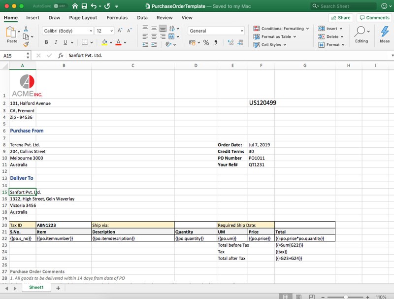 生成采购订单的Excel电子表格
