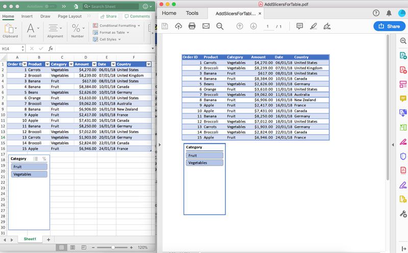 支持将具有切片器的Excel电子表格转换为PDF